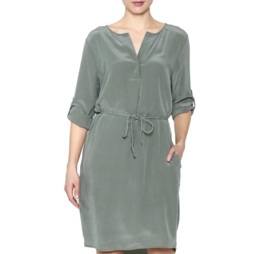 NWT Ecru Gray Silk Tunic Tie Waist Bow Detail Tunic Column Shirt Dress  - L
